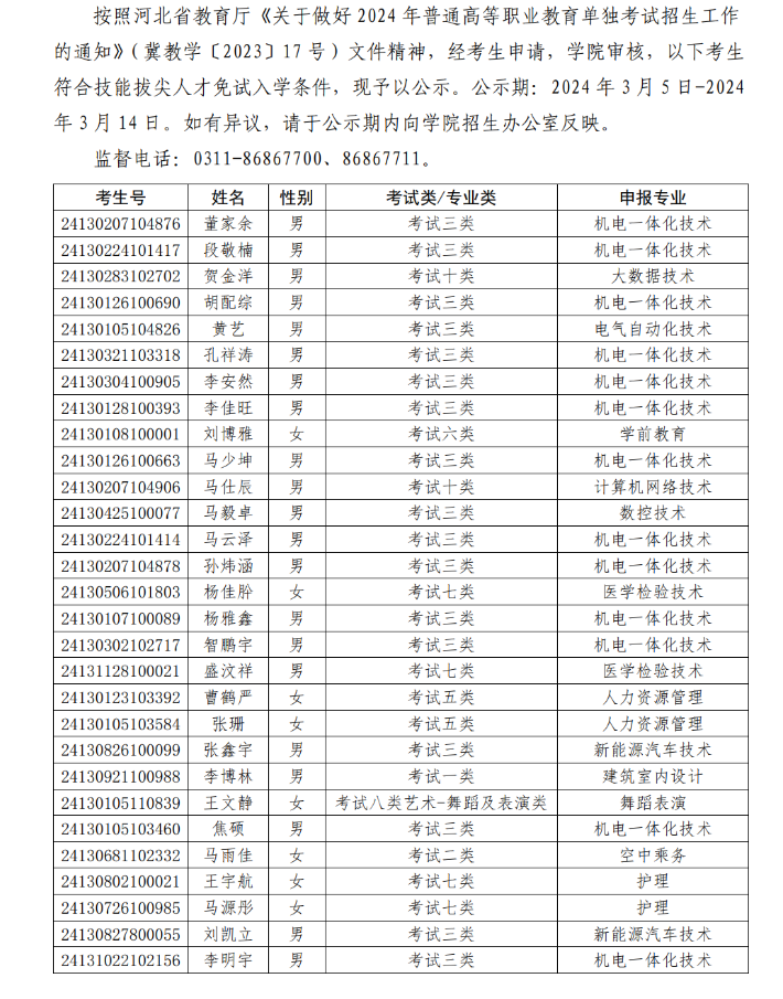 石家庄工程职业学院2024年单独考试招生免试入学名单公示